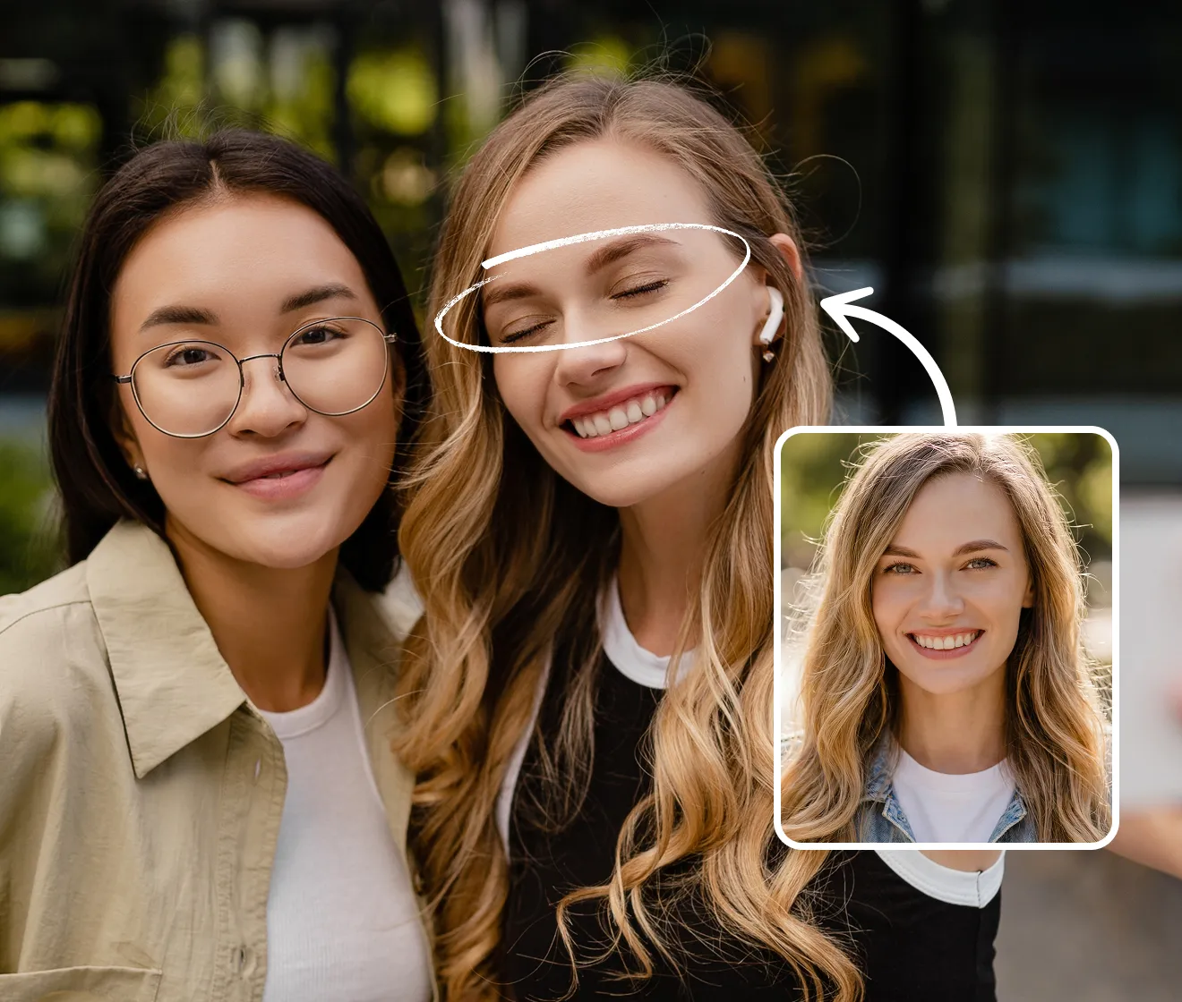 Evoto before example showing two friends taking a selfie